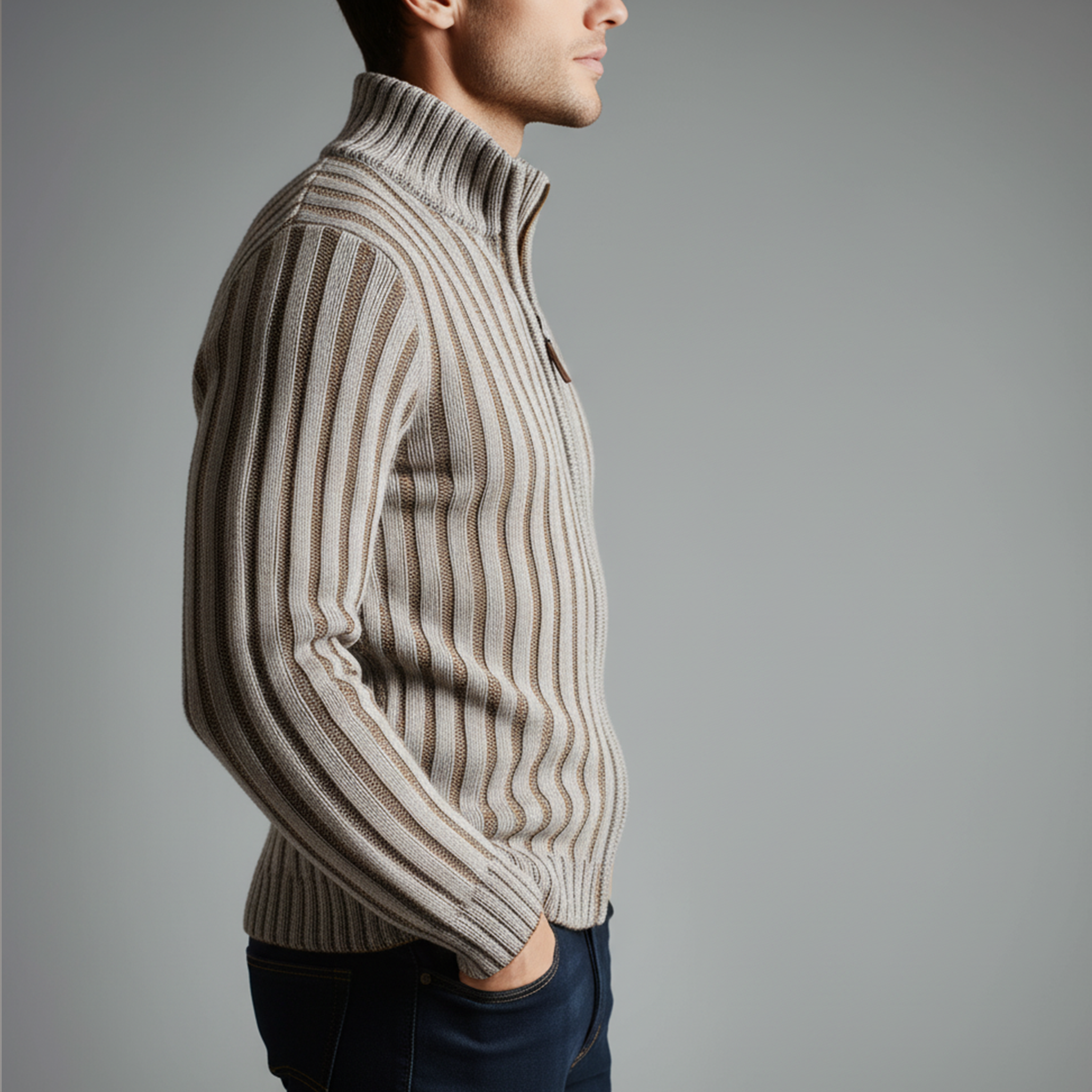Men's Classic Retro Striped Jacquard Stand Collar Knitted Cardigan MTA2377I4K