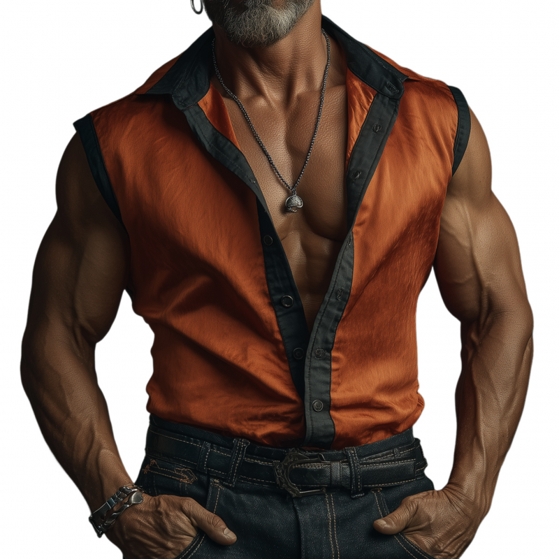 Men's Casual Colorblock Patchwork Satin Lapel Single-breasted Slim-fit Sleeveless Shirt MTA1427G4M