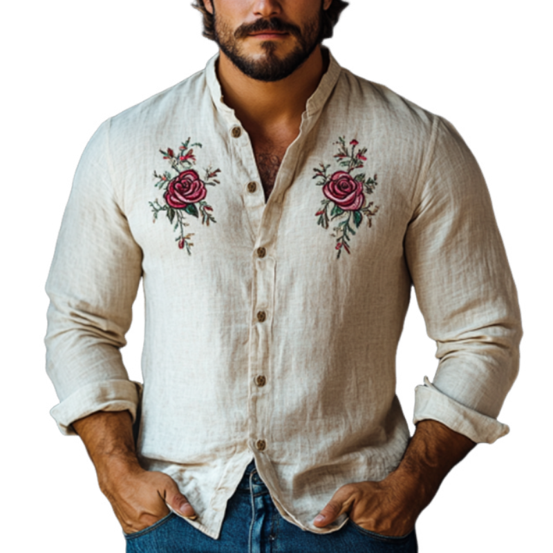 Men's Vintage Stand Collar Rose Embroidery Linen Long Sleeve Shirt 77051042K