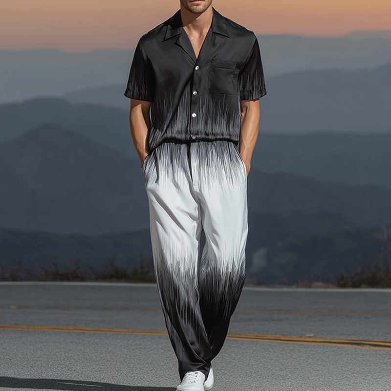 Men's Spring And Summer Fashion Casual Black And White Gradient Printed Satin Short Sleeve Shirt Pants Set MTA1077G0K