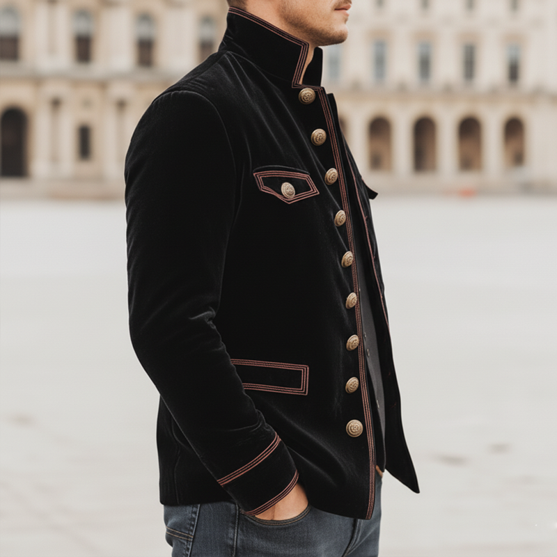 Men's Vintage Velvet Stand-Collar Multi-Button Embroidered Slim-Fit Jacket MTA1188K3U