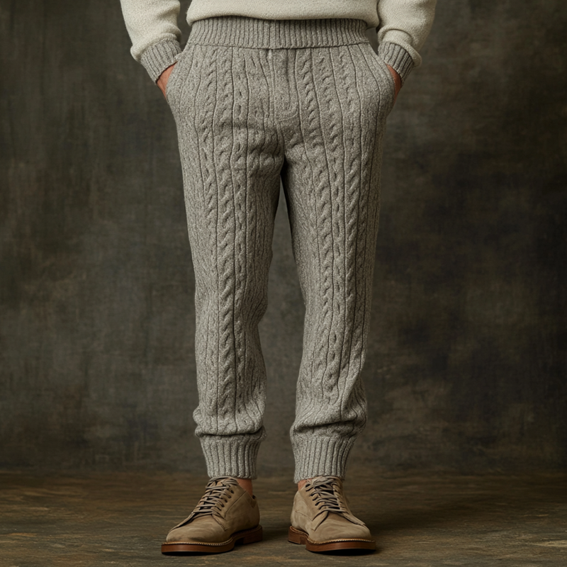 Men's Casual Elastic Waist Knit Cable Knit Textured Trousers MTA0774K9X