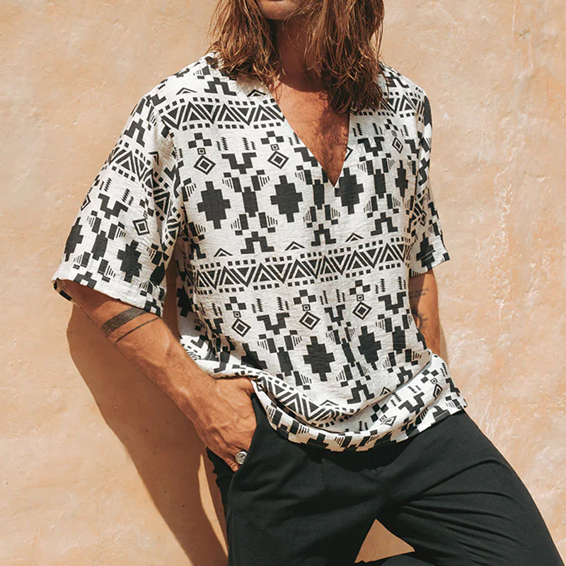 Men's Spring And Summer Fashion Casual Chiffon Printed V-Neck Short Sleeve T-Shirt Shorts Set MTA0954G6K