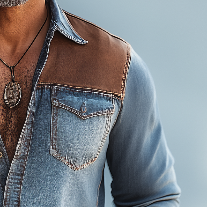 Men's Vintage Denim Patchwork Long-Sleeved Shirt MTA2970G7P