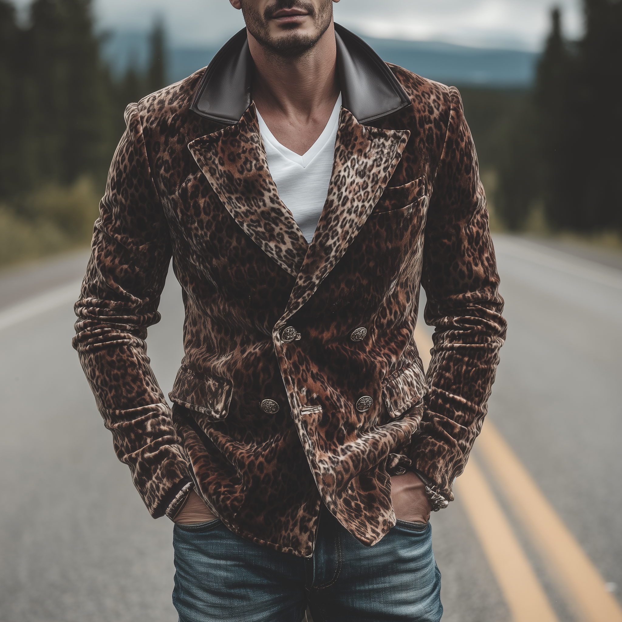 Men's Classic Retro Pu Leather Collar Double-breasted Velvet Leopard Print Blazer MTA0377I8K