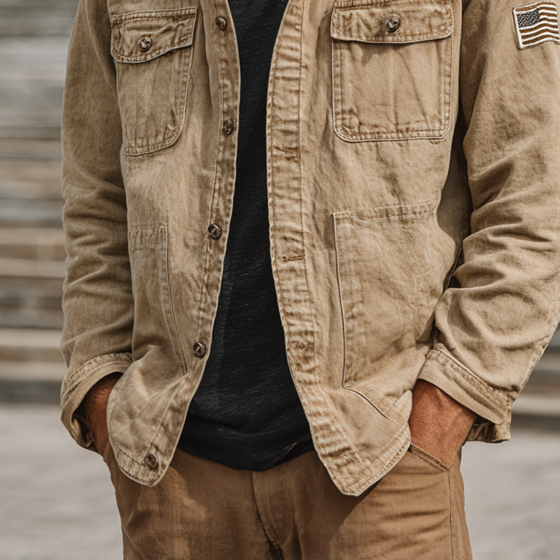 Men's Retro Washed Cotton Lapel Multi-pocket Cargo Jacket MTA1219I6Z