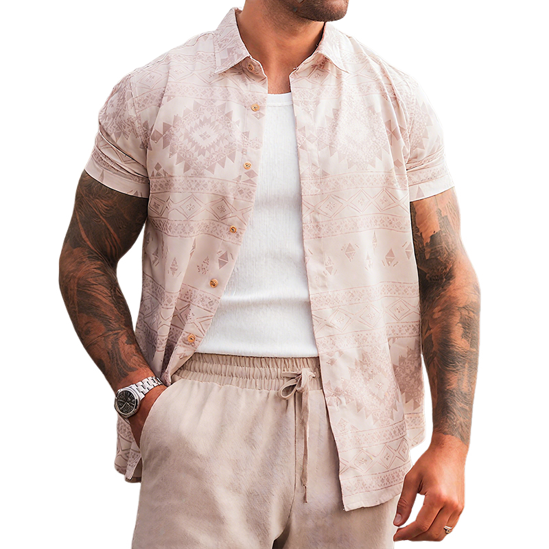 Men's Retro Street Geometric Print Lapel Short Sleeve Shirt MTA2370G4TO