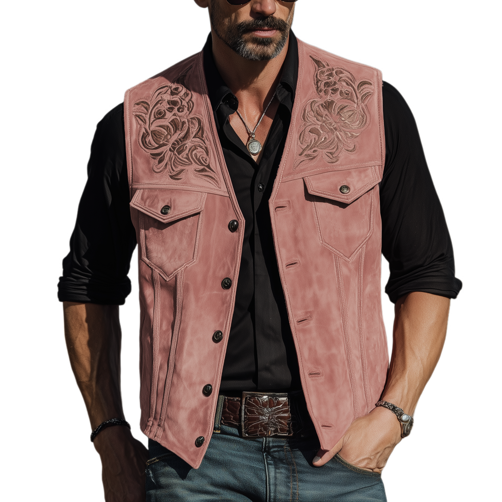 Men's Classic American Retro Western Style Pink Suede Embroidered Vest MTA1901H7K