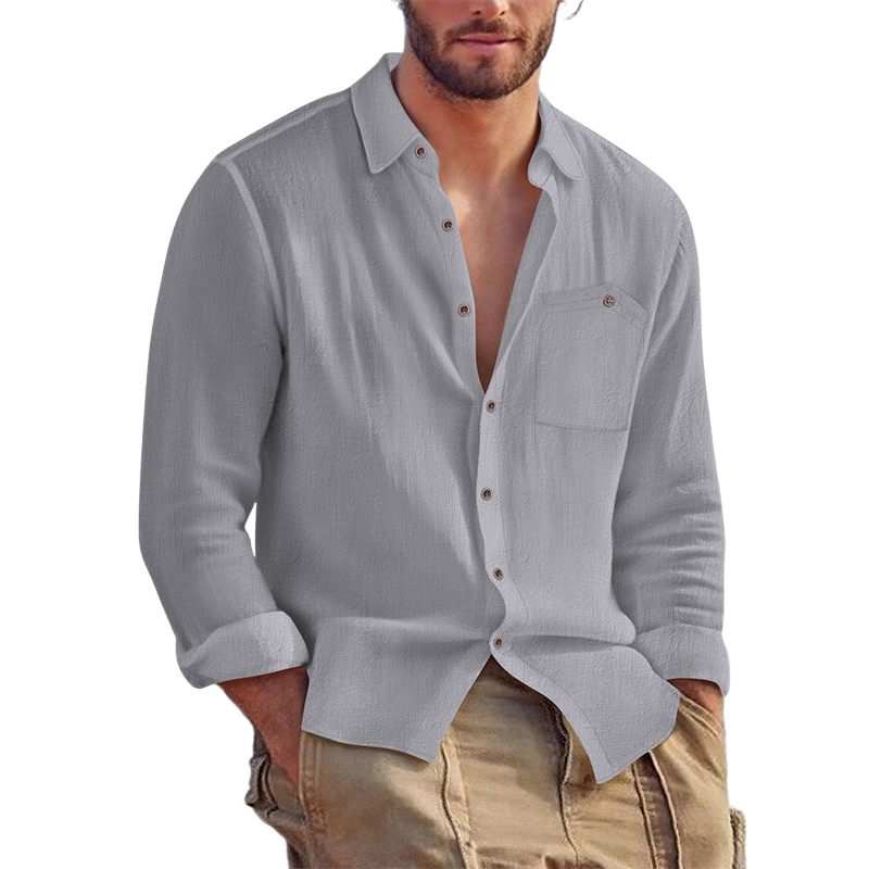 Men's Casual Solid Color Cotton And Linen Long-sleeved Lapel Shirt MTA1391H5X