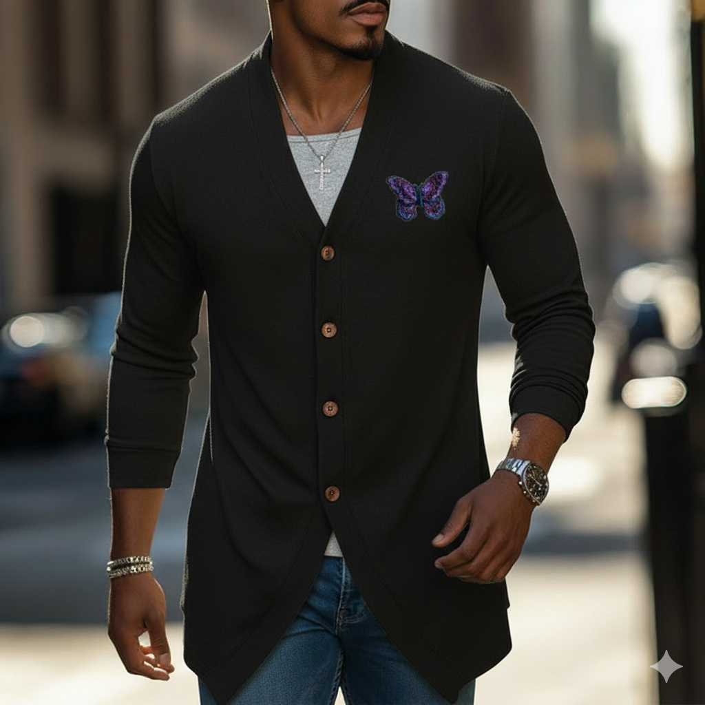 Men's Spring Fashion Butterfly Embroidery Cotton Blend Button-Up Thin Cardigan MTZ0703A0P