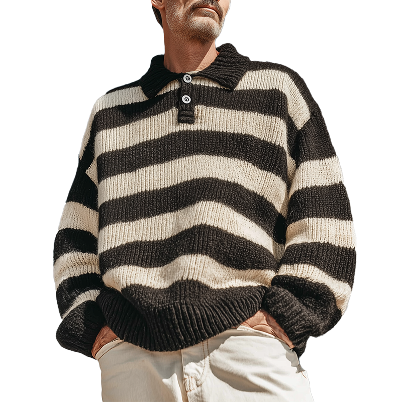 Men's Autumn Fashion Striped Cotton Knitted Polo Neck Loose Sweater MTA1703I2P