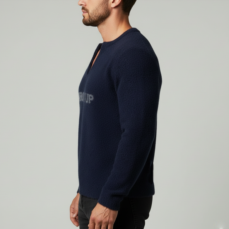 Men's Urban Style Navy Blue V-neck Slim-fit Knitted Sweater MTA0462L4U