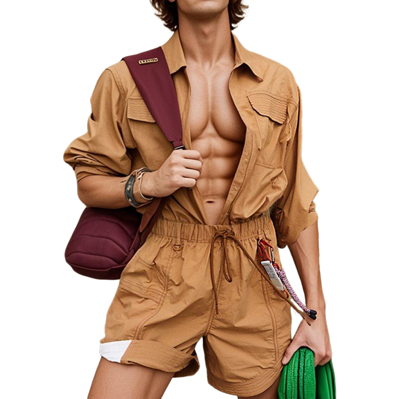 Men's Outdoor Cargo Style Lapel Long Sleeve Zipper Placket Elastic Waist Shorts Jumpsuit MTA1585E5Z