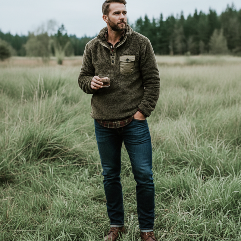 Men's Urban Army Green Stand Collar Sherpa Pullover Sweatshirt MTA1776K6U