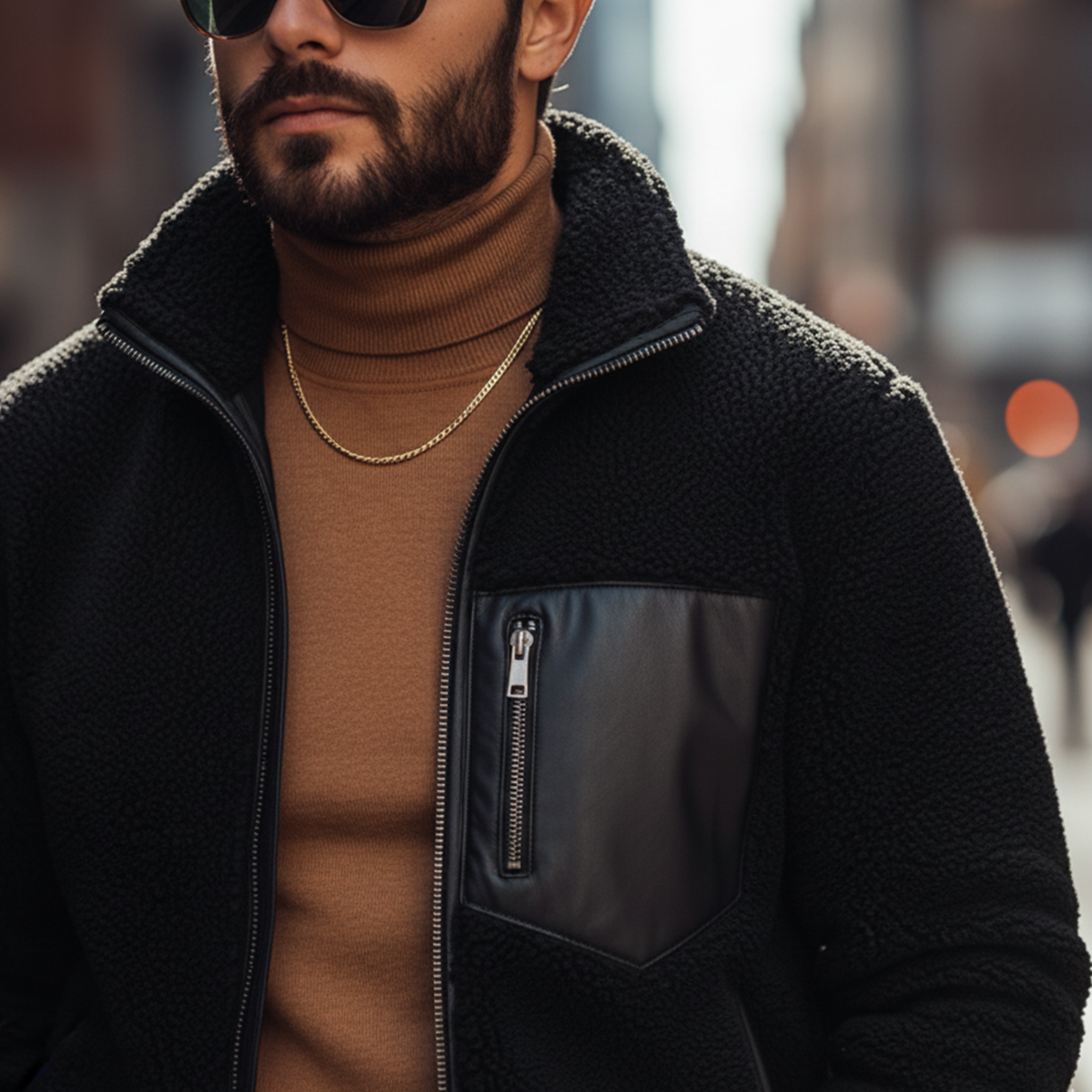 Men's Classic Fashion Stand Collar PU Leather Pocket Zipper Fleece Jacket MTA0106K1K