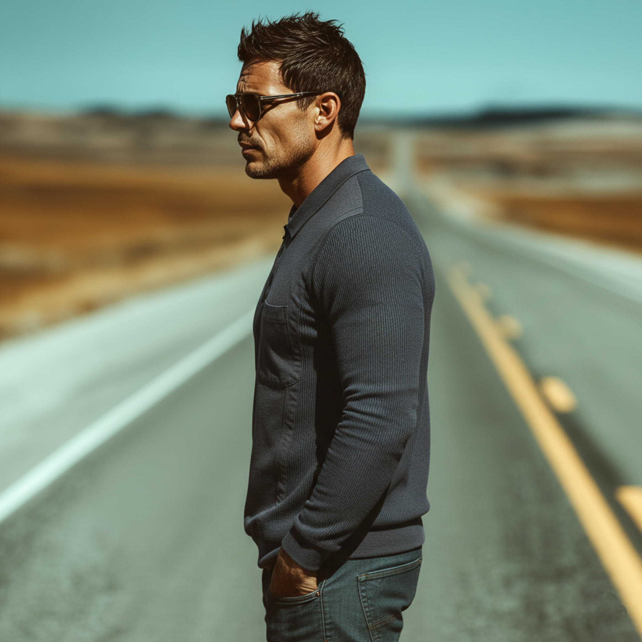 Men's Classic Casual Western-style Tough Guy Look Cotton Blend Long-sleeved Polo Shirt MTA1190L0K