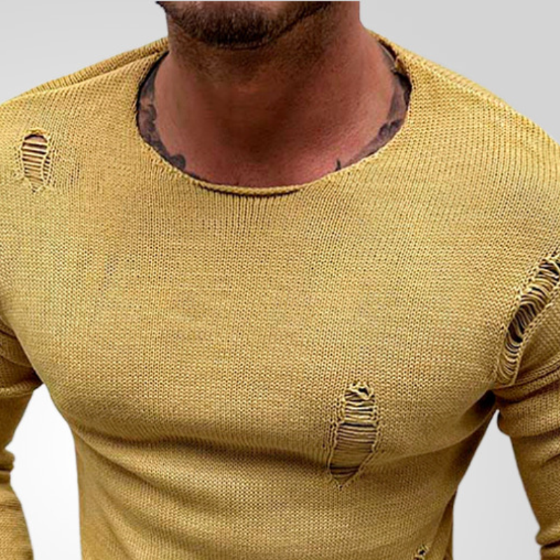 Men's Casual Fashion Round Neck Sexy Ripped Knitted Long sleeve T-shirt 08113292K