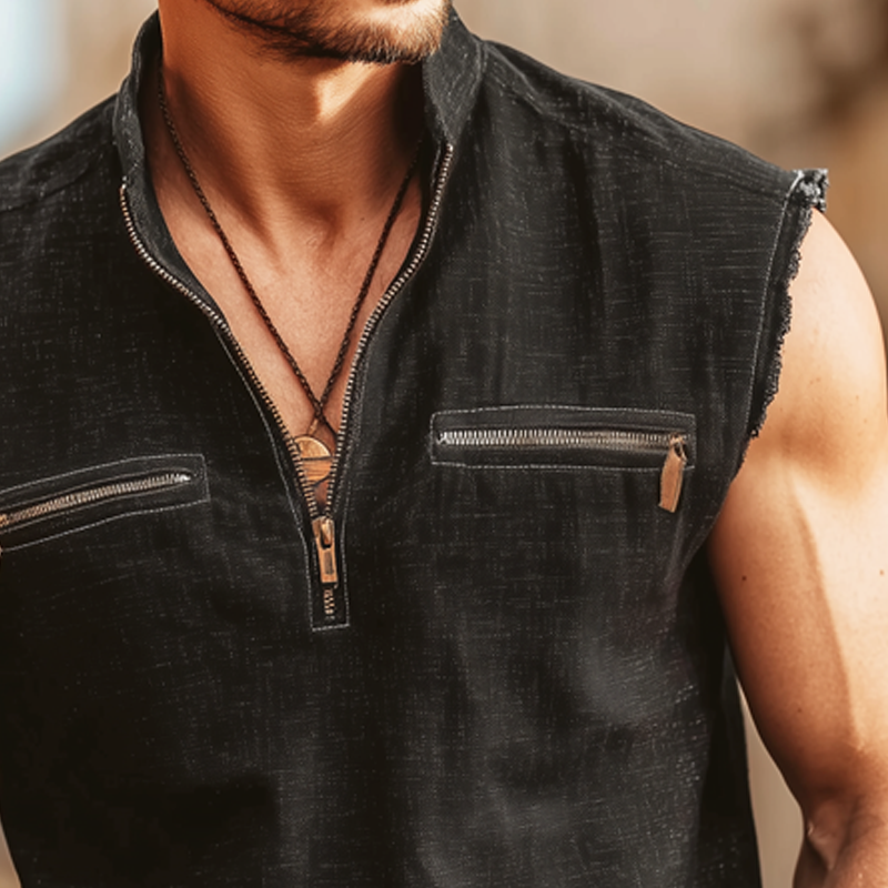 Men's Classic Half Zip Stand Collar Raw Edge Tank Top MTA1153G7U