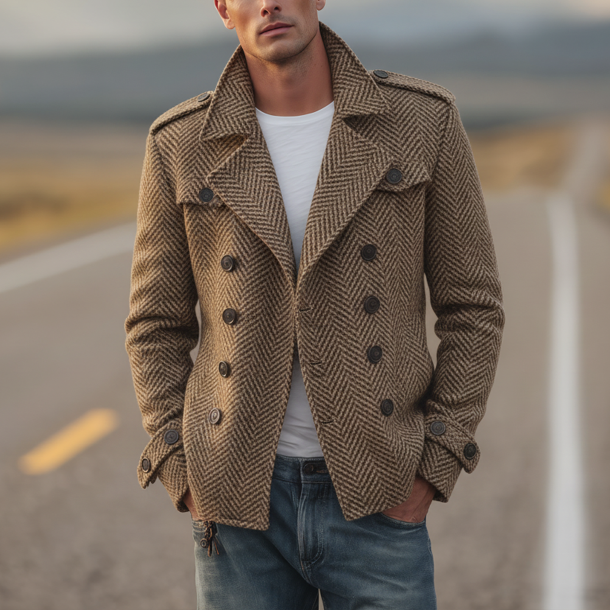 Men's Classic Vintage Western Style Faux Herringbone Wool Double Breasted Jacket MTA2547I6K