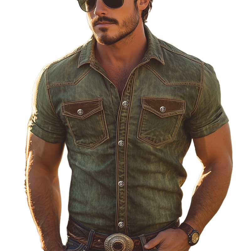 Men's Summer Western Style Colorblock Denim Short Sleeve Shirt MTA2768F8U