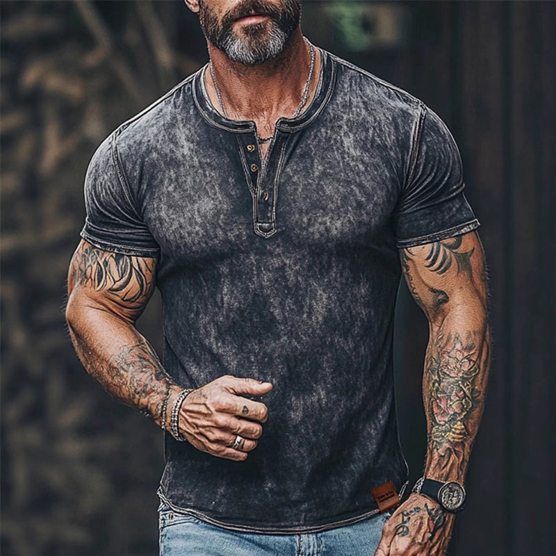 Men's Vintage Print Henley Short Sleeve T-Shirt MTA1610E7X