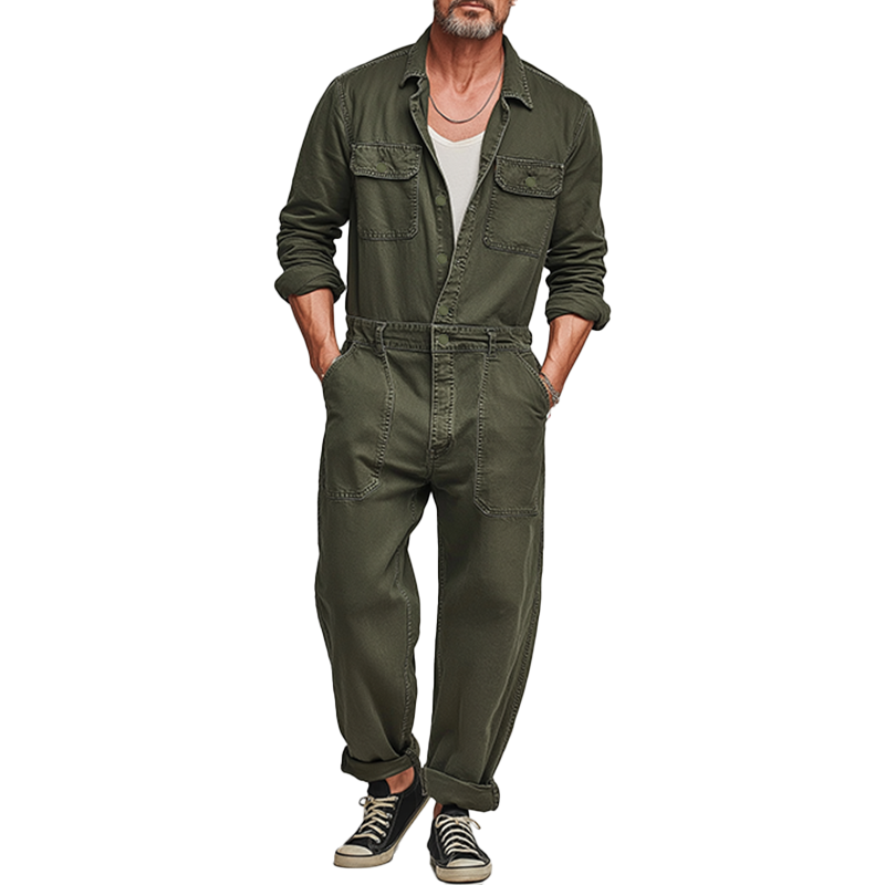 Men's Autumn And Winter Retro Washed Distressed Denim Long-sleeved Jumpsuit MTA2226I5P