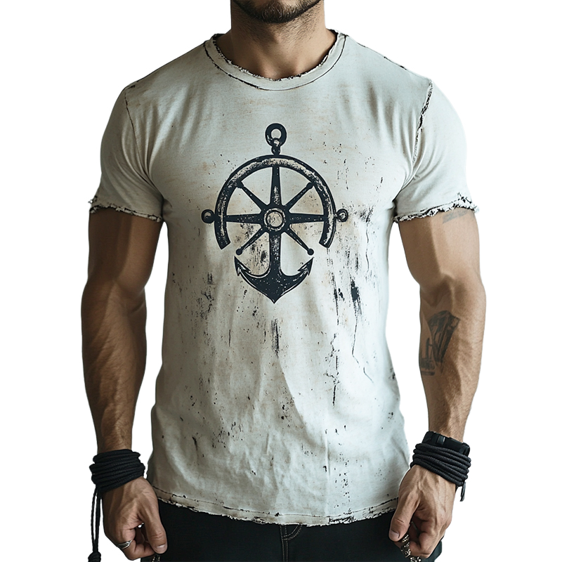 Men's Retro Nautical Anchor Print Casual Ripped Round Neck Short Sleeve T-Shirt 41928951TO