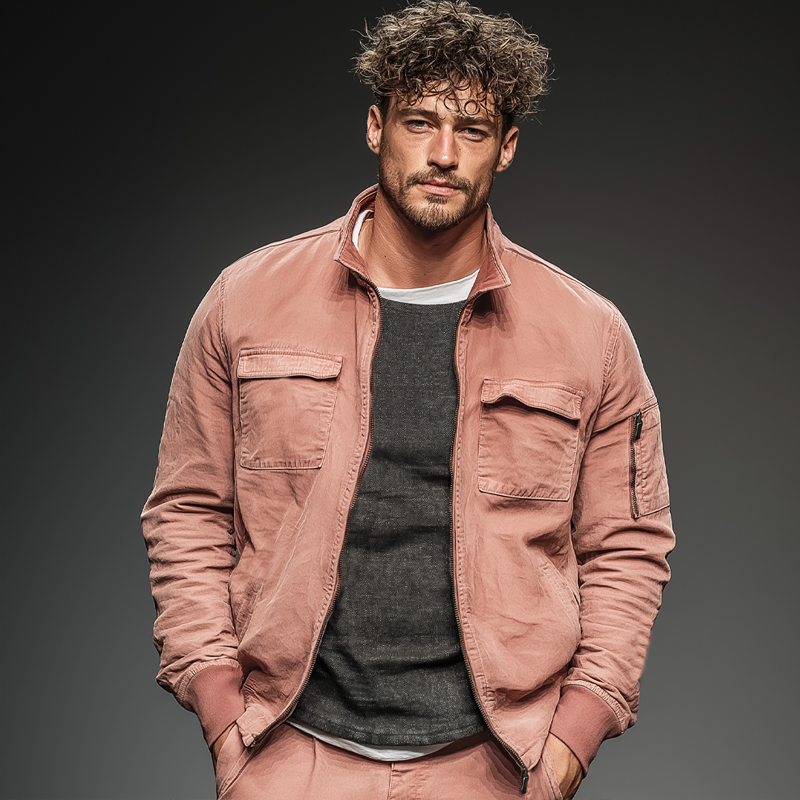 Men's Fashion Pink Washed Cotton Zipper Stand Collar Bomber Jacket MTA2341J8U