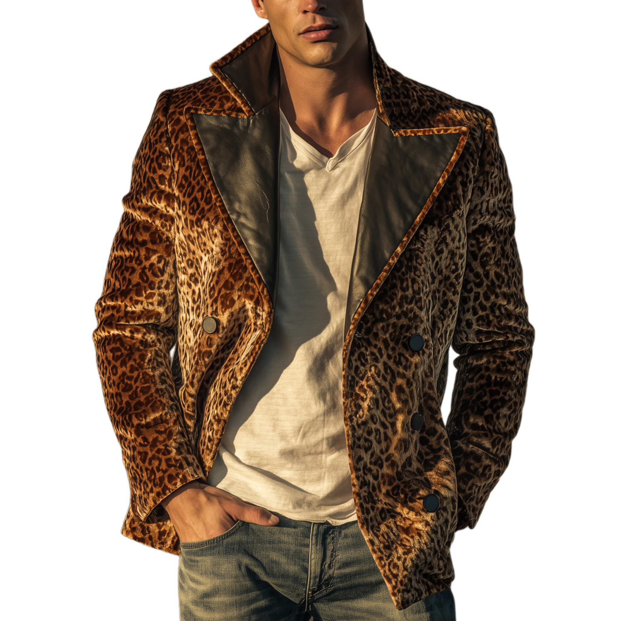 Men's Classic Vintage Pu Leather Lapel Double-breasted Velvet Leopard Print Jacket MTA0345I6K