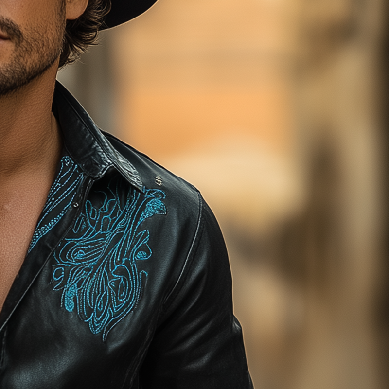 Herreskjorte med brodert, langermet kunstskinn i western-stil MTA2506G1P