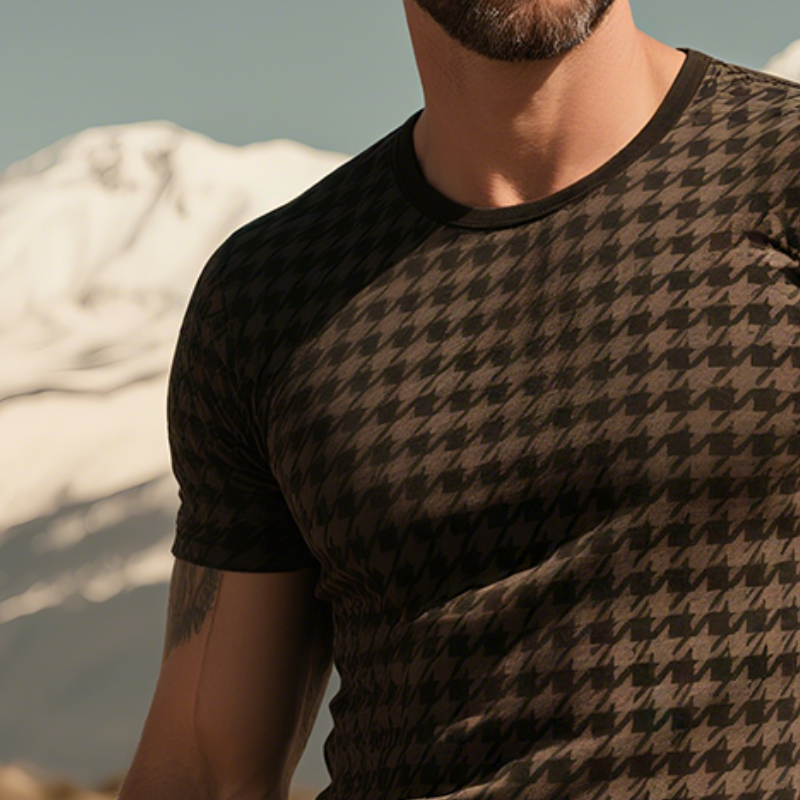 Men's Retro Casual Houndstooth Printed Round Neck Short Sleeve T-Shirt MTA1671G9TO