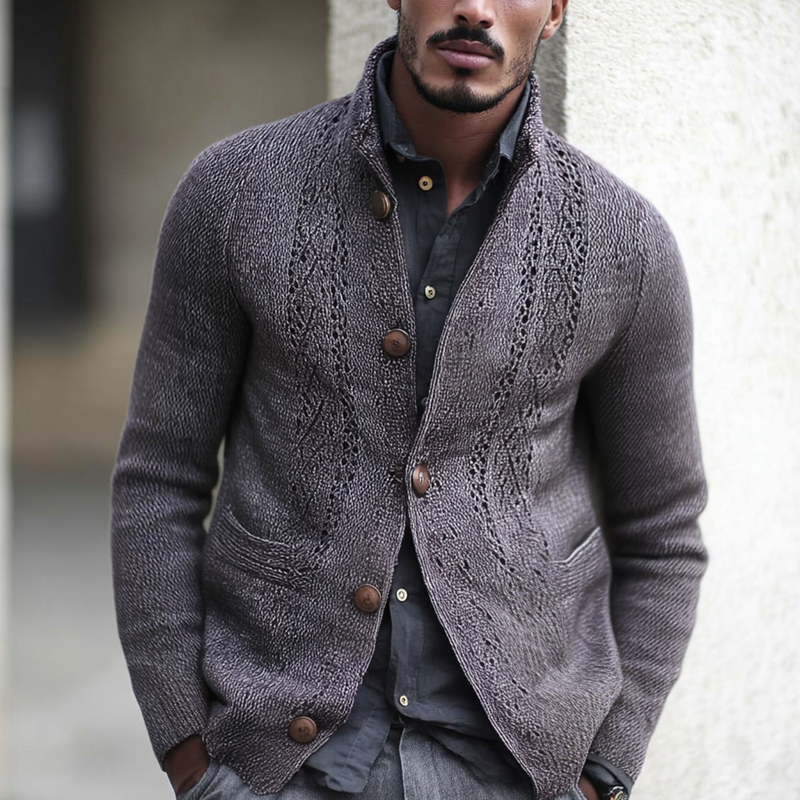 Men's Fashion Jacquard Stand Collar Single Breasted Knitted Cardigan MTA1975H0Z
