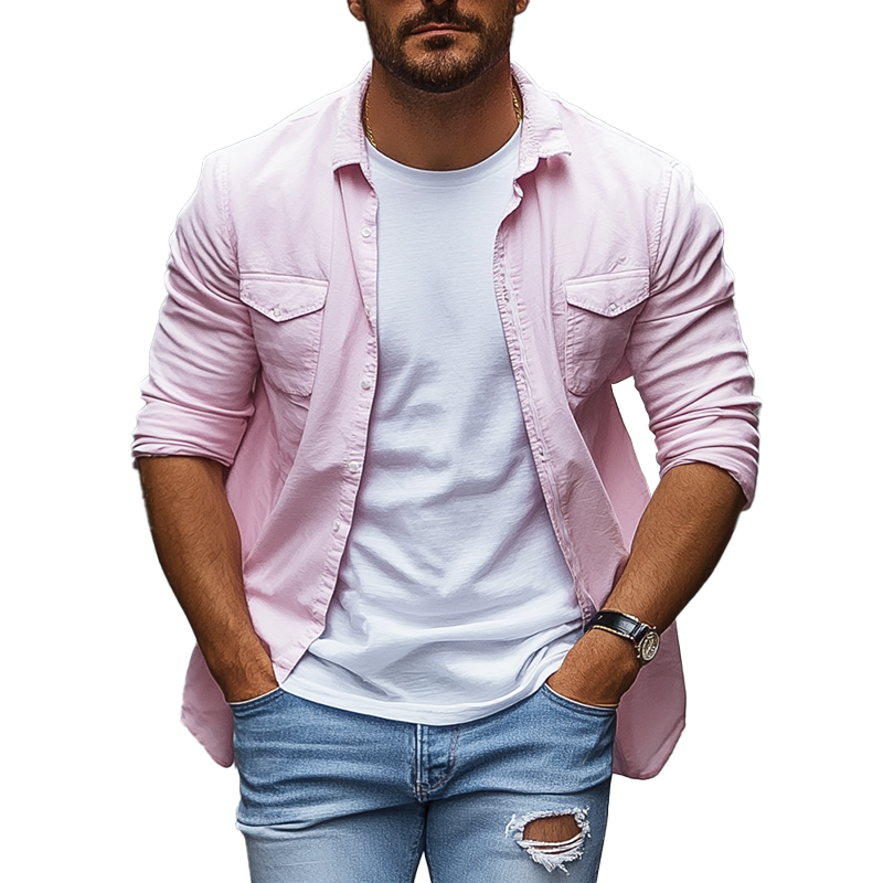 Men's Basic Solid Color Cotton Blend Long Sleeve Shirt MTA2182G1P
