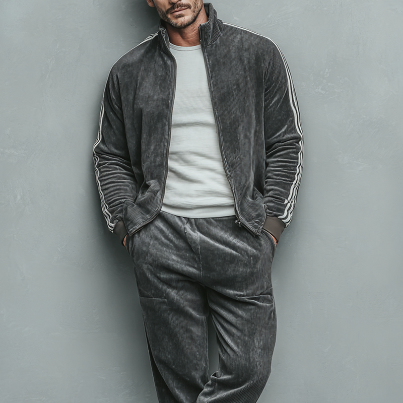 Men's Corduroy Striped Color Block Stand Collar Zip-Up Jacket MTA2995K0X