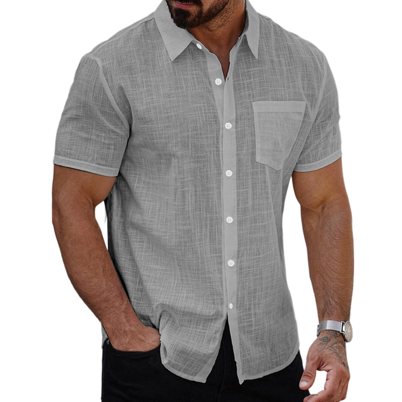 Men's Cotton And Linen Solid Color Lapel Short-sleeved Shirt MTA1439G3X