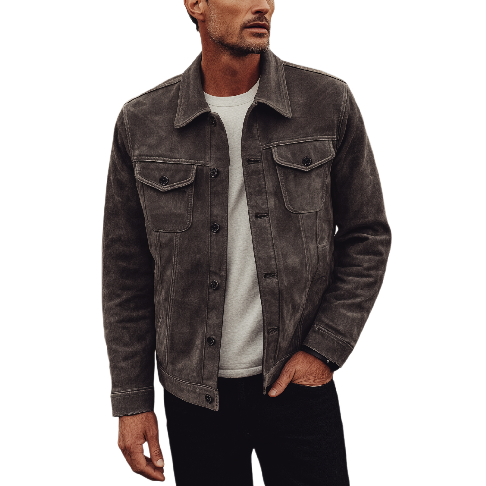 Men's Classic Retro Western Style Lapel Suede Jacket (With Detachable Fur Collar) MTA1888H4K