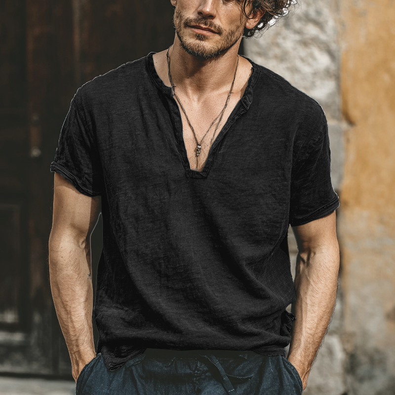 Men's Linen Blend V-Neck Short Sleeve T-Shirt MTA0253G9X