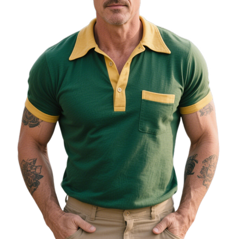 Men's Retro American Style Street Contrasting Color Pure Cotton Short-Sleeved Polo Shirt MTA1444E7TO