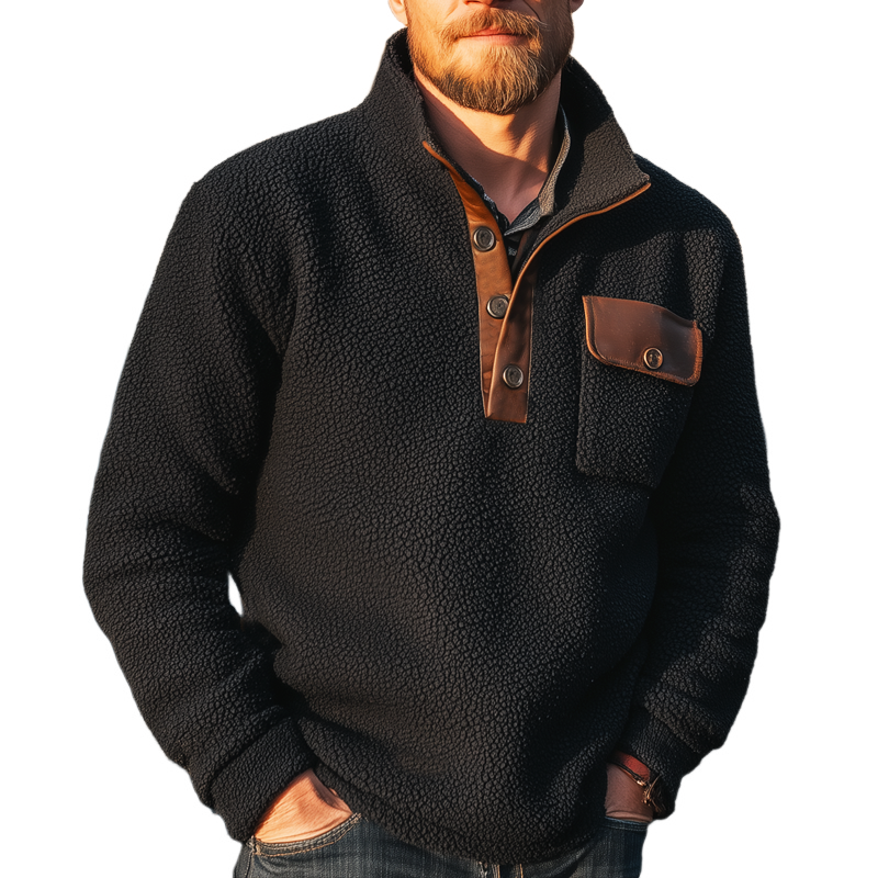 Men's Classic Polar Fleece And PU Leather Stand Collar Sweatshirt MTA1620J2U