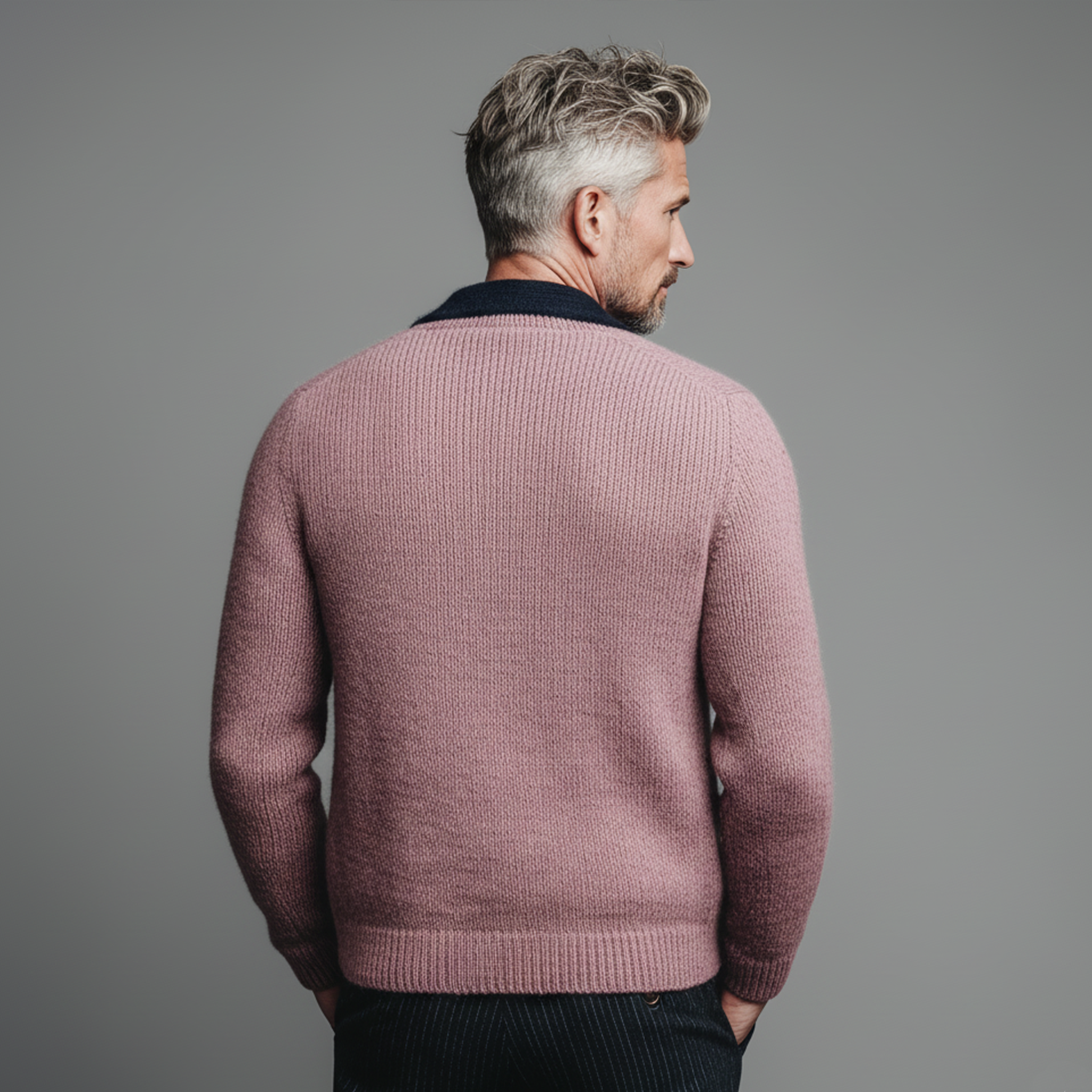Men's Classic Casual Lapel Pink And Navy Blue Knitted Cardigan MTA2618I0K