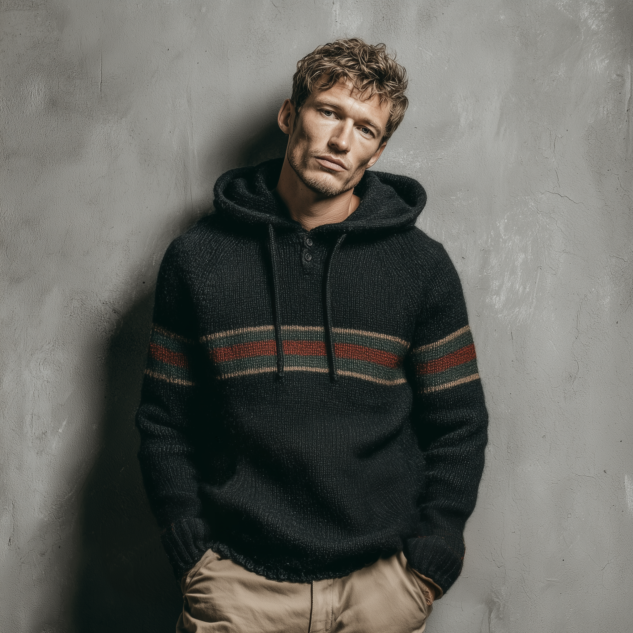 Men's Classic Casual Contrast Color Horizontal Stripe Patchwork Hooded Sweater MTA2918I5K