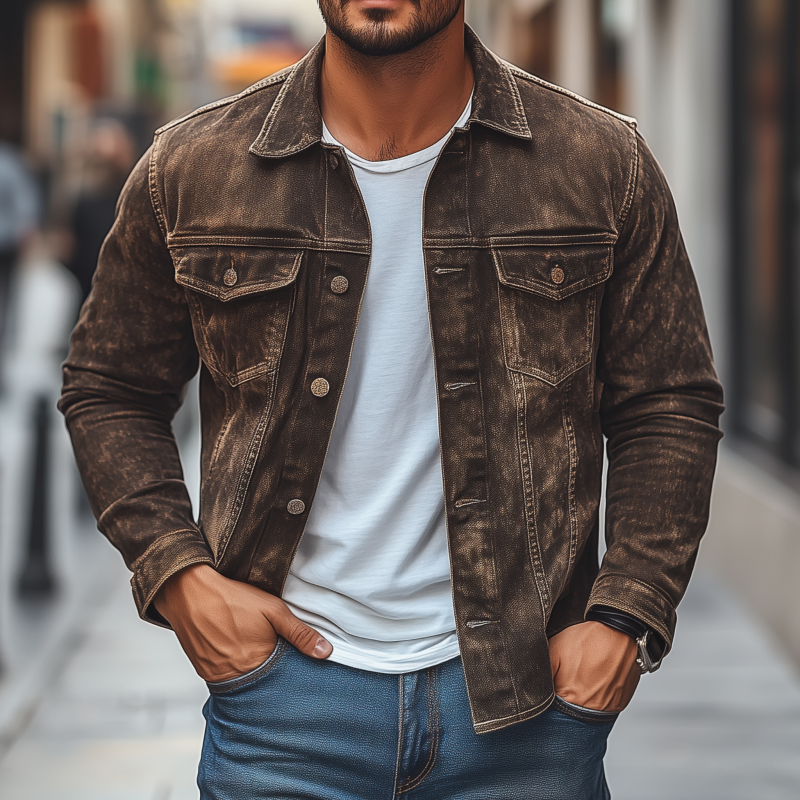 Men's Vintage Distressed Washed Denim Lapel Single-breasted Flap Chest Pocket Slim Fit Long-sleeved Shirt MTA1412H8M