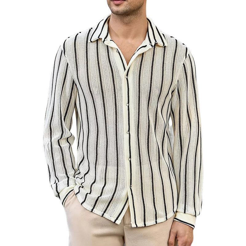 Men's Casual Breathable Vertical Striped Knitted Long-sleeved Shirt 41564129U