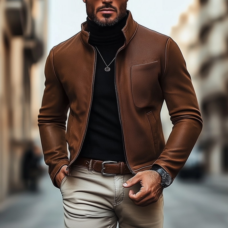 Men's Vintage Solid Color Litchi Pattern PU Stand Collar Zipper Placket Slim Fit Jacket MTA1407H5M