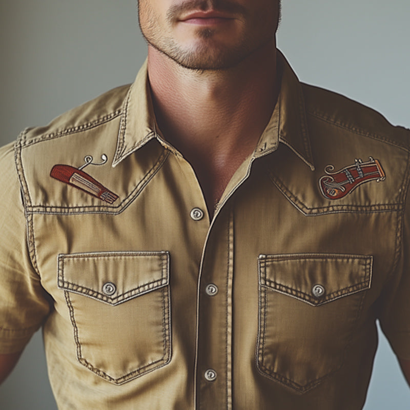 Men's Western Cowboy Style Accordion Embroidery Denim Short Sleeve Shirt MTA0815E1U