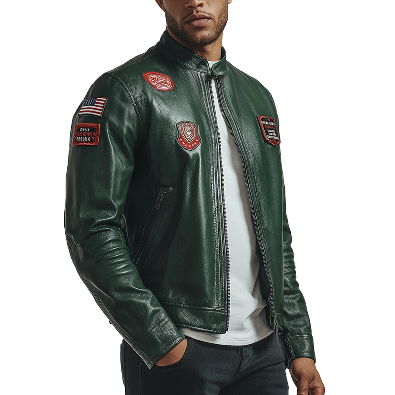 Men's Vintage Patch Faux Leather Zip-Up Jacket MTA2759H4P