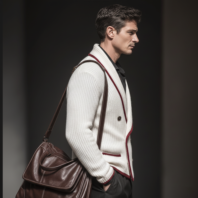 Men's Classic Colorblock Edge Lapel Double Breasted Knit Cardigan MTA2225J4U