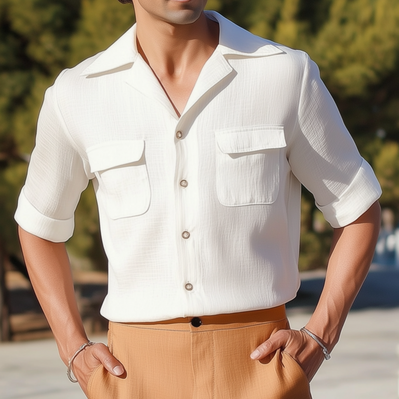 Men's Casual Solid Color Pleated Cotton Blend Cuban Collar Chest Pocket Single Breasted Slim Mid Sleeve Shirt MTA1427G1M