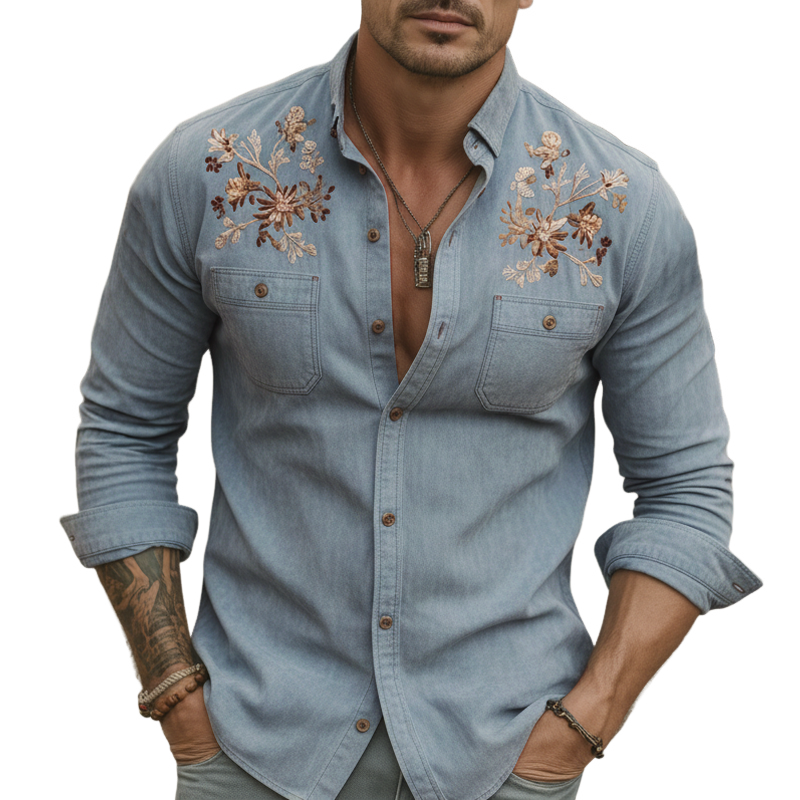 Men's Retro Light Blue Faux Suede Floral Embroidered Long-Sleeved Shirt MTZ2176A1U