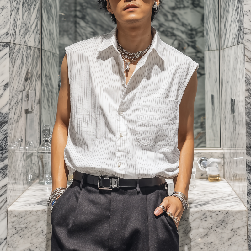 Men's Casual Breathable Cotton Striped Lapel Patch Pocket Loose Sleeveless Shirt MTA2892G9M